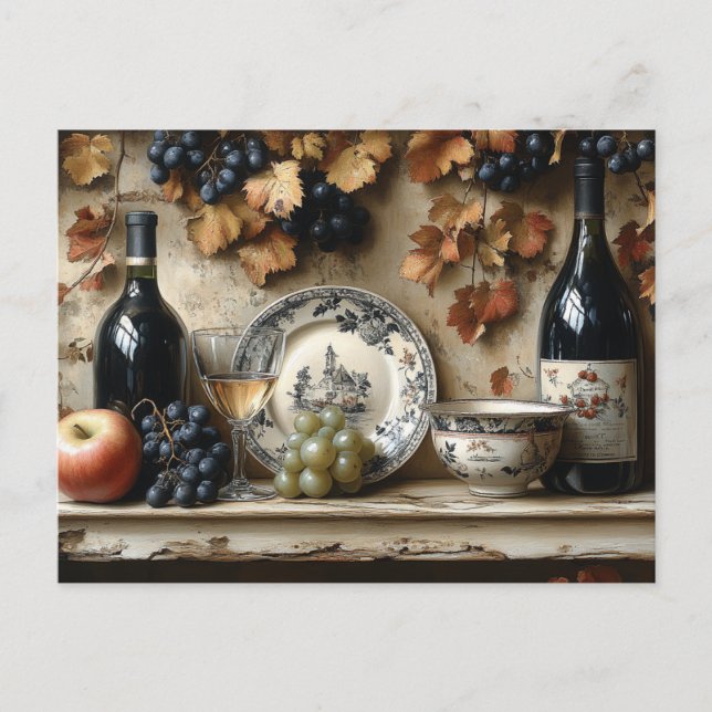  Kitchen Shelf  Wine Bottles Grapes Dishes  Postcard (Front)