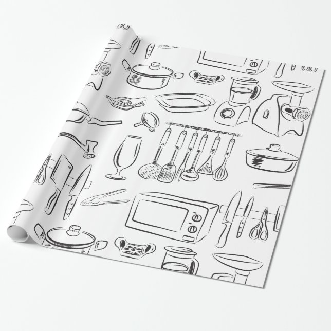 Kitchen Sketch Wrapping Paper (Unrolled)