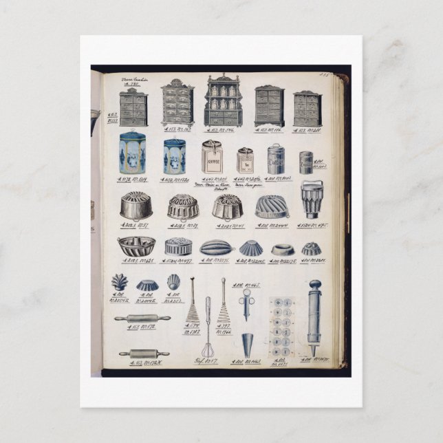Kitchen storage and utensils from a trade catalogu postcard (Front)