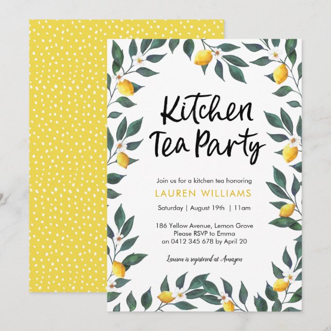 Kitchen Tea Party invitation Lemon tree leaves (Front/Back)