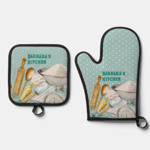 Kitchen Tools Baking Supplies Blue Polka Dots Oven Mitt & Pot Holder Set