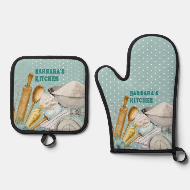 Kitchen Tools Baking Supplies Blue Polka Dots Oven Mitt & Pot Holder Set (Front)