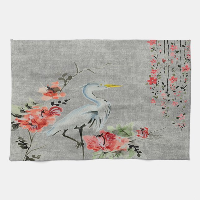 Kitchen towel  Asian flower crane bird (Horizontal)