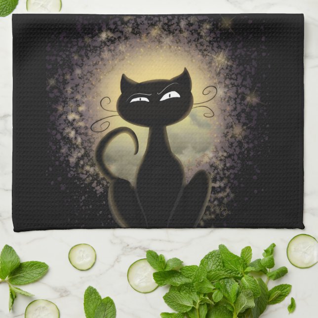 Kitchen Towel - Black Cat in Light (Folded)