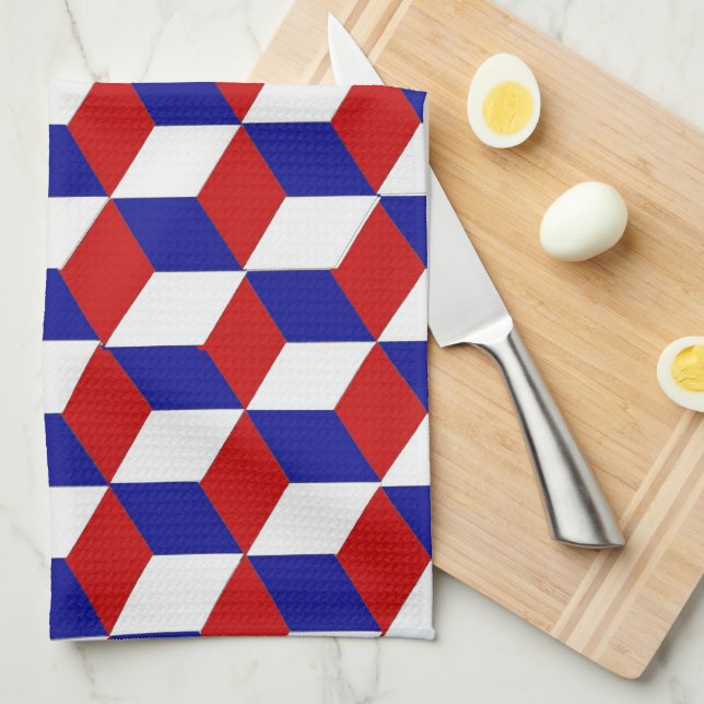 Kitchen Towel - Block illusion, red white and blue (Quarter Fold)