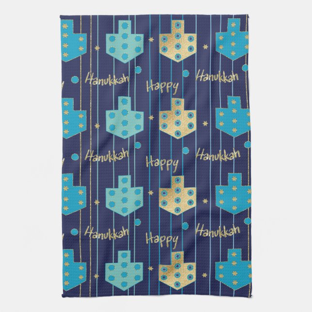 Kitchen Towel "Blue/Gold Dreidels" (Vertical)