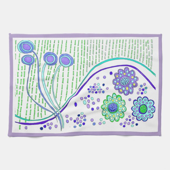 KITCHEN TOWEL "CELESTIAL FLORA" Purple Trim (Horizontal)