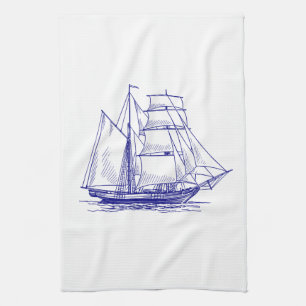 Kitchen towel chic nautical blue sailing ship