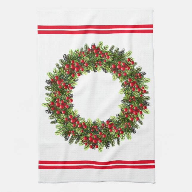 Kitchen Towel-Christmas Berry Wreath Tea Towel (Vertical)