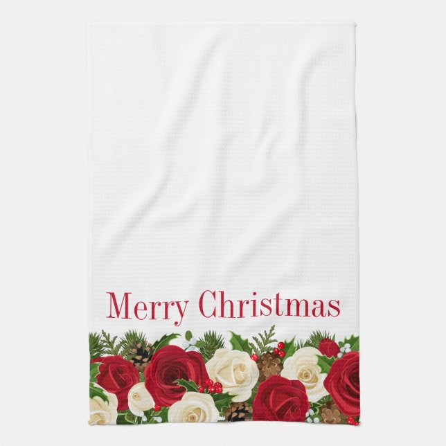 Kitchen Towel-Christmas Roses Tea Towel (Vertical)