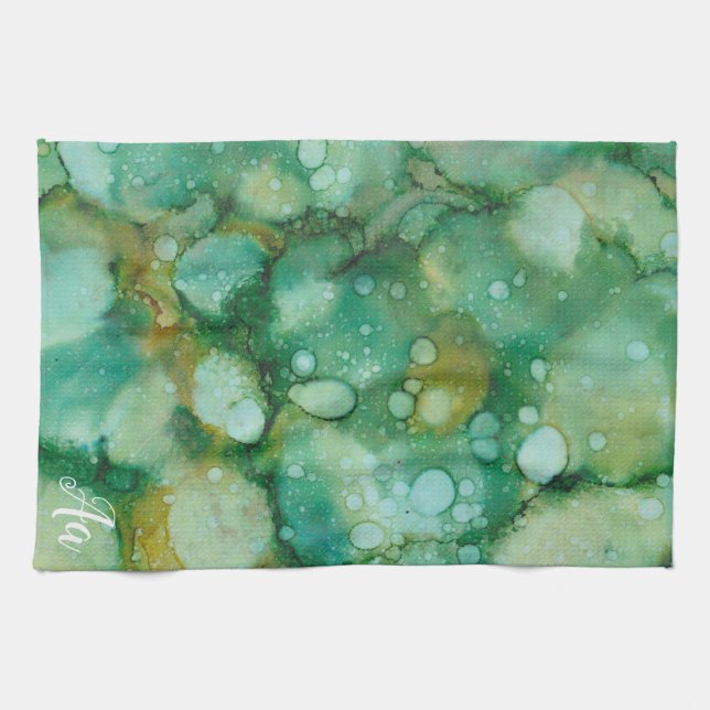 Kitchen Towel "Colorburst Green-Golds Inkblot" (Horizontal)