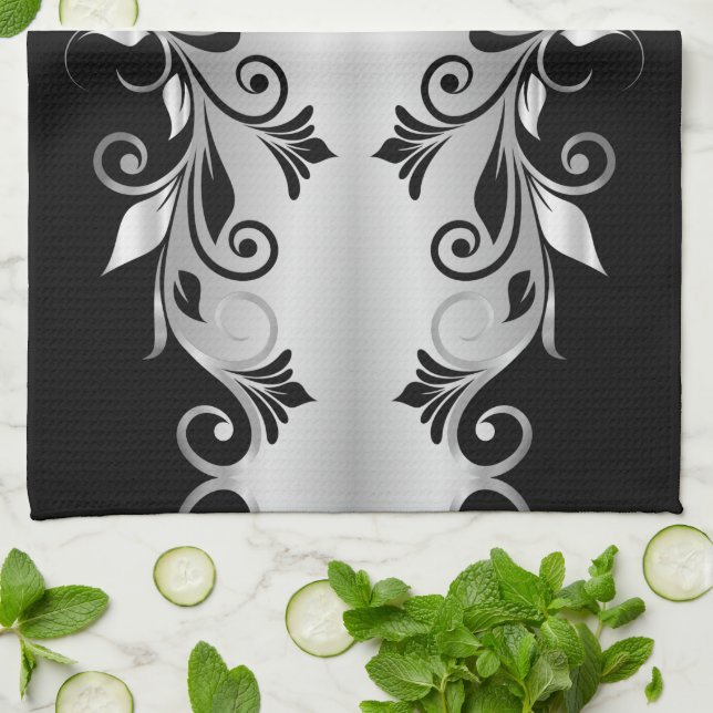 Kitchen Towel - Flourishes Black and Silver (Folded)
