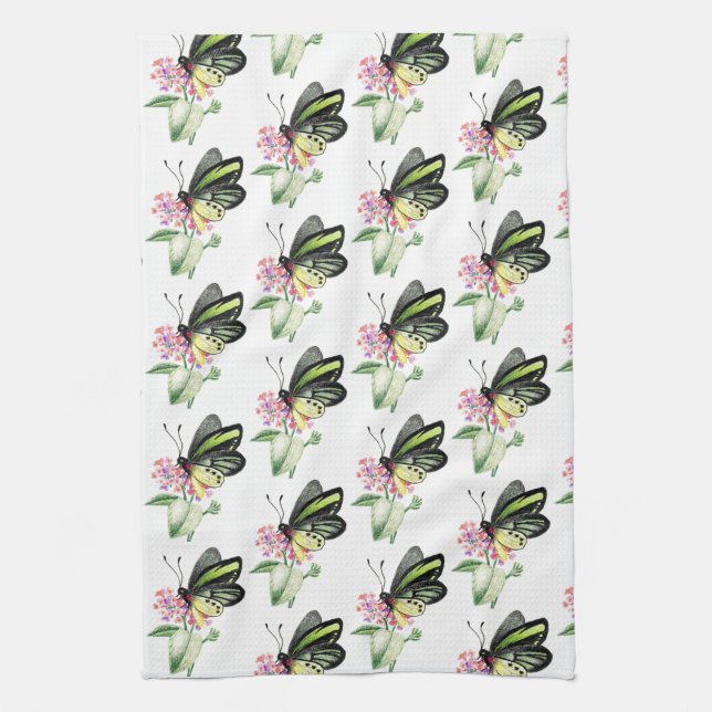 Kitchen Towel Green Birdwing Butterfly Print (Vertical)