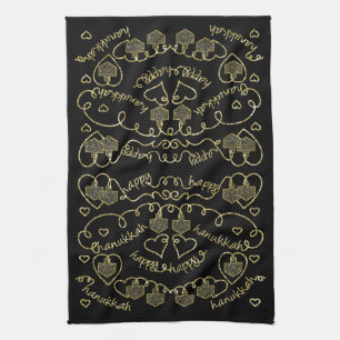 Kitchen Towel "Hanukkah Gold Hearts/Dreidels"