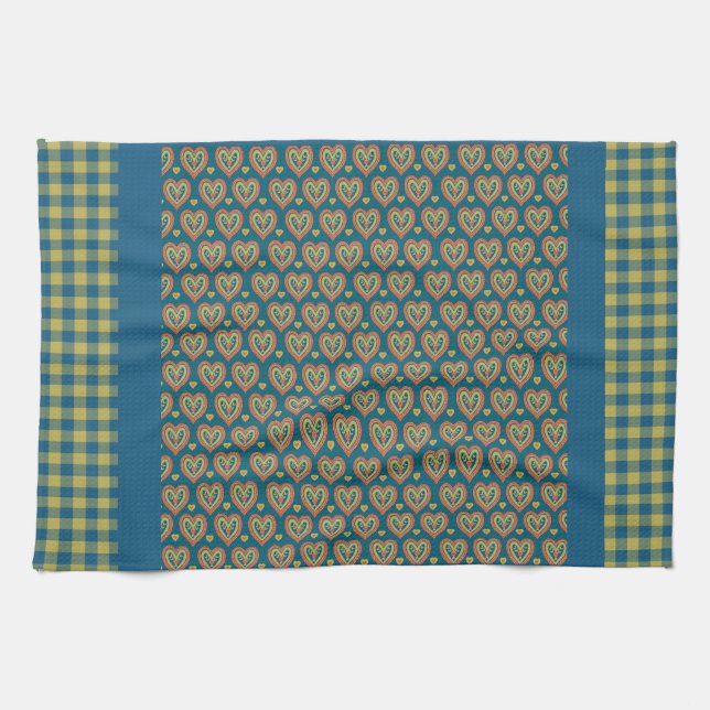 Kitchen Towel, Hearts and Check Gingham Pattern Tea Towel (Horizontal)