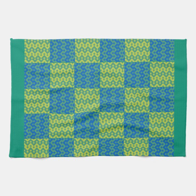 Kitchen Towel or Tea Towel Emerald, Blue Patchwork (Horizontal)