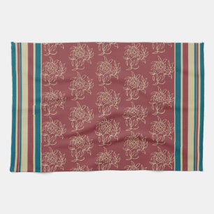 Kitchen Towel or Tea Towel, Maroon, Blue Floral