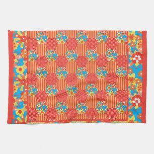 Kitchen Towel or Tea Towel, Orange, Blue Patchwork