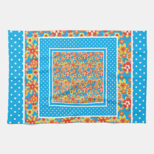 Kitchen Towel: Orange Floral, Blue Polka Dots Tea Towel
