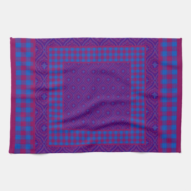 Kitchen Towel, Purple and Blue Checks and Ogees Tea Towel (Horizontal)