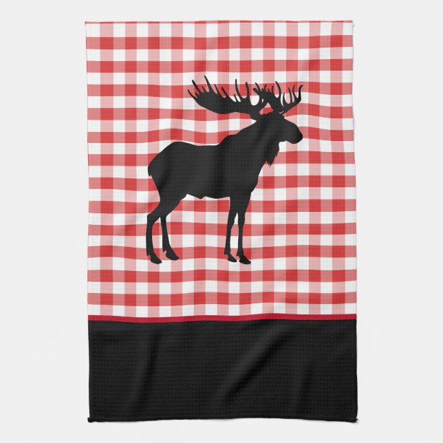 Kitchen Towel-Red Plaid-Moose Tea Towel (Vertical)