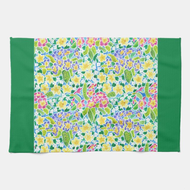 Kitchen Towel, Spring Primroses, Forest Green Tea Towel (Horizontal)