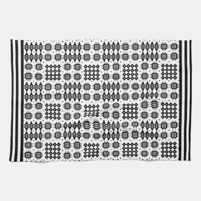 Kitchen Towel Welsh Tapestry Design Black on White (Horizontal)