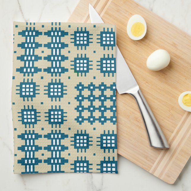 Kitchen Towel Welsh Tapestry Design, Navy on Taupe (Quarter Fold)