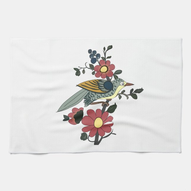 Kitchen Towel with Bird and Flower (Horizontal)