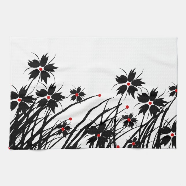 Kitchen Towels Floral Red Black White 2 DECOR SETS (Horizontal)