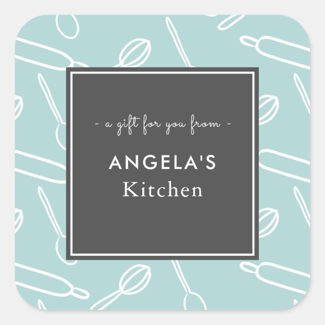 Kitchen Utensil Pattern Kitchen Baking Gift Green Square Sticker (Front)
