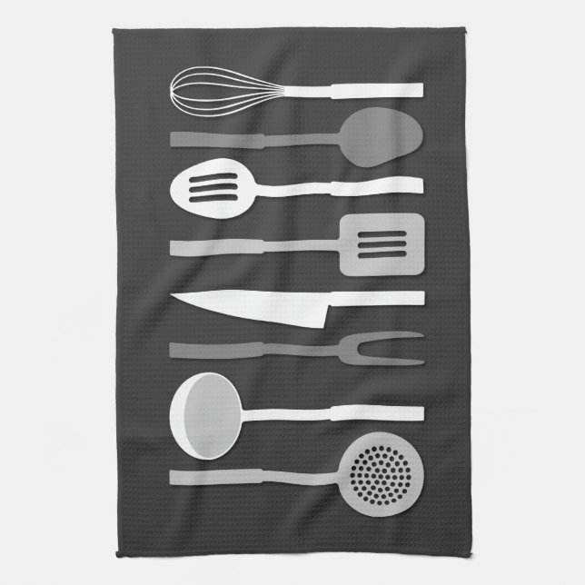 Kitchen Utensil Silhouettes Monochrome II Tea Towel (Vertical)