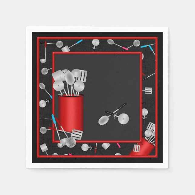 Kitchen Utensils,Black-PAPER PARTY NAPKINS (Front)