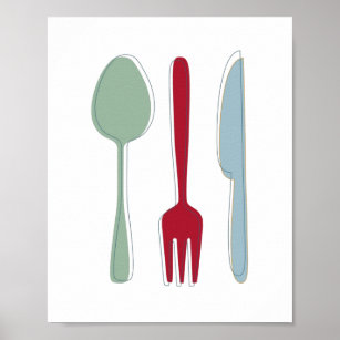 Kitchen Utensils Colourful Silhouettes Mid-century Poster