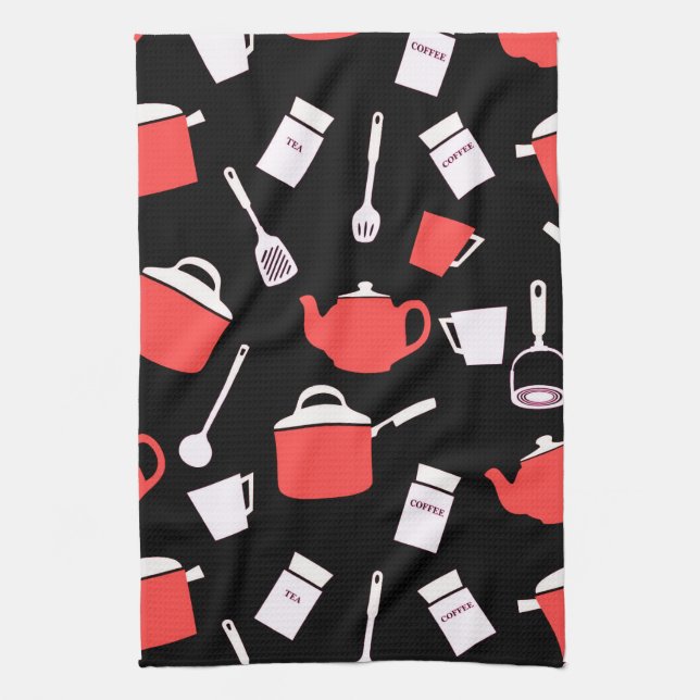 Kitchen Utensils & Cookware | Black White & Red Tea Towel (Vertical)