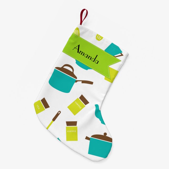 Kitchen Utensils, Cookware, Cutlery, Your Name Small Christmas Stocking (Front (Hanging))