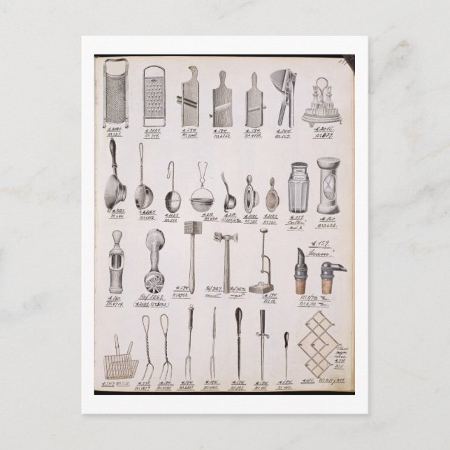 Kitchen utensils, from a trade catalog of domest postcard (Front)