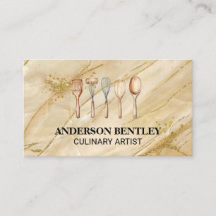Kitchen Utensils   Golden Marble Background Business Card