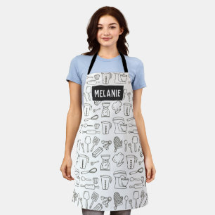 Kitchen Utensils Line Doodle Pattern Personalised Apron