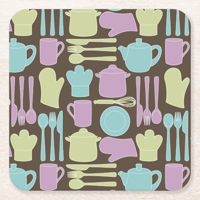 Kitchen Utensils Pattern 2 Square Paper Coaster (Front)