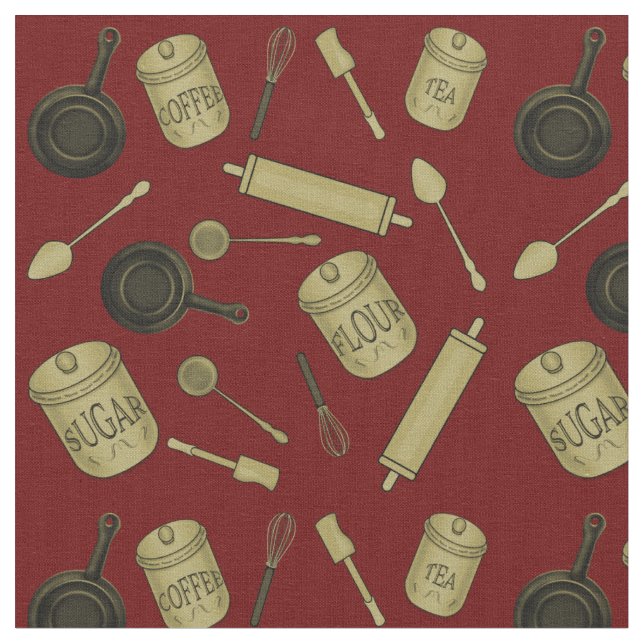 Kitchen Utensils Pattern - Sepia on Dark Red Fabric (Close Up)