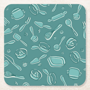 Kitchen Utensils Pattern Square Paper Coaster