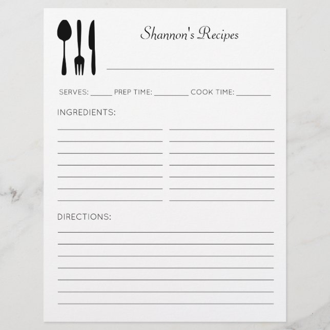Kitchen Utensils Personalised Recipe Pages (Front)