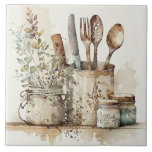 Kitchen Utensils Rustic Watercolors Ceramic Tile<br><div class="desc">Rustic farmhouse country watercolor utensils scene were used to create this perfect ceramic tile.  Mix and match with other companion tiles to create your own customised look.</div>