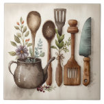 Kitchen Utensils Watercolors Rustic Ceramic Tile<br><div class="desc">Rustic country farmhouse watercolor utensils scene were used to create this perfect ceramic tile.  Mix and match with other companion tiles to create your own customised look.  Faux stone colour companion tiles are also available to create your pattern.</div>