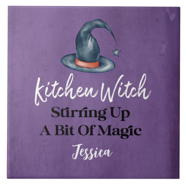 Kitchen Witch Purple Monogrammed Halloween Tile (Front)