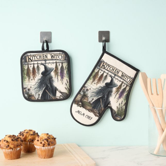 Kitchen Witch Retirement Mum Grandma Wife Custom  Oven Mitt & Pot Holder Set (Insitu(Hanging))
