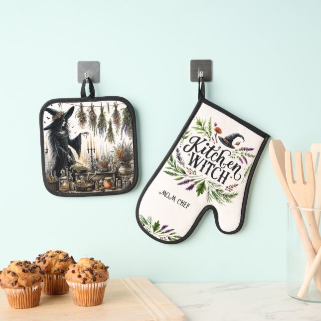 Kitchen Witch Retirement Mum Grandma Wife Custom  Oven Mitt & Pot Holder Set (Insitu(Hanging))