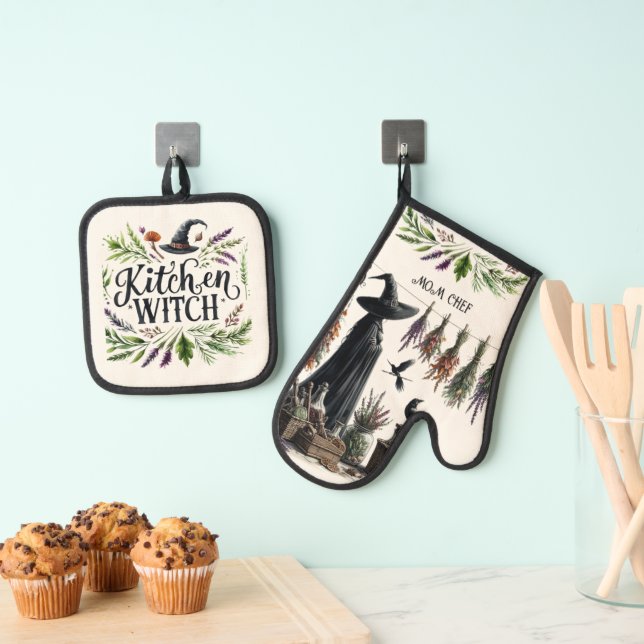 Kitchen Witch Retirement Mum Grandma Wife Custom  Oven Mitt & Pot Holder Set (Insitu(Hanging))