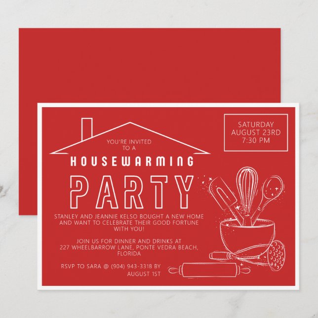 Kitchenware Bold Red Housewarming Invitation (Front/Back)